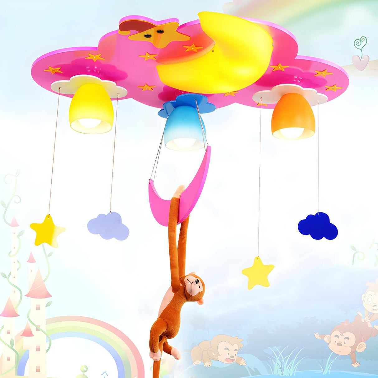 Child Room Night Sky Hanging Monkey Flush Mount Light Image - 13