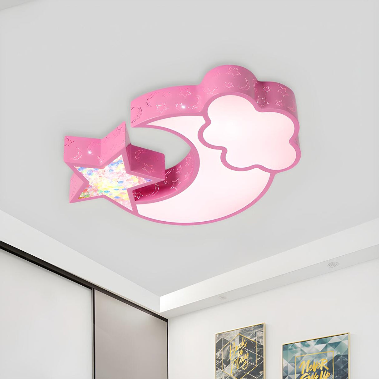 Child Room Pink Moon Star Cloud LED Flush Mount Light Image - 12