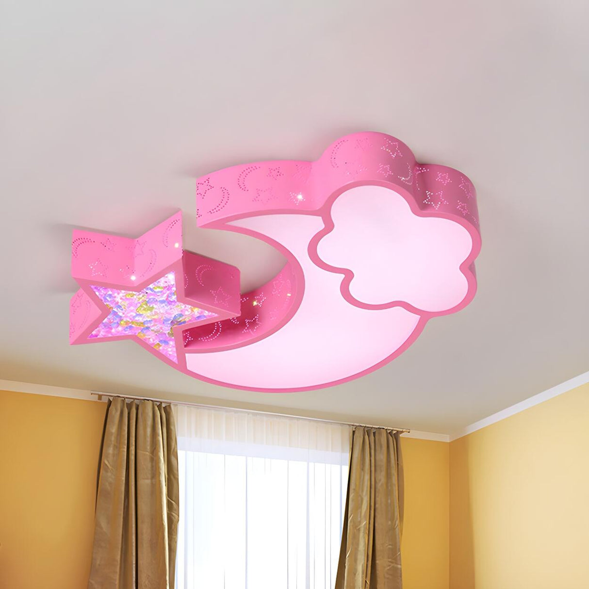 Child Room Pink Moon Star Cloud LED Flush Mount Light Image - 13