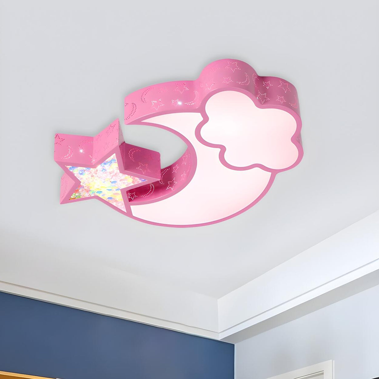 Child Room Pink Moon Star Cloud LED Flush Mount Light Image - 14