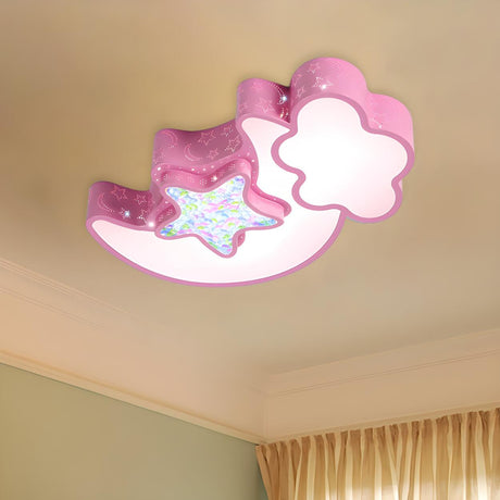 Child Room Pink Moon Star Cloud LED Flush Mount Light Image - 2