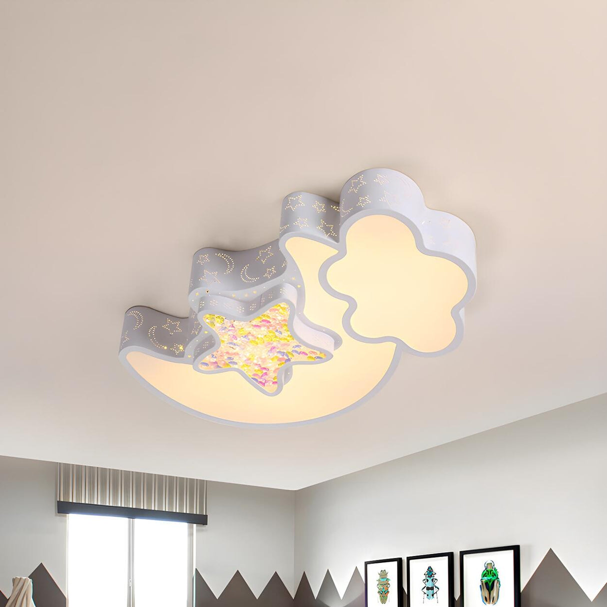 Child Room Pink Moon Star Cloud LED Flush Mount Light Image - 5