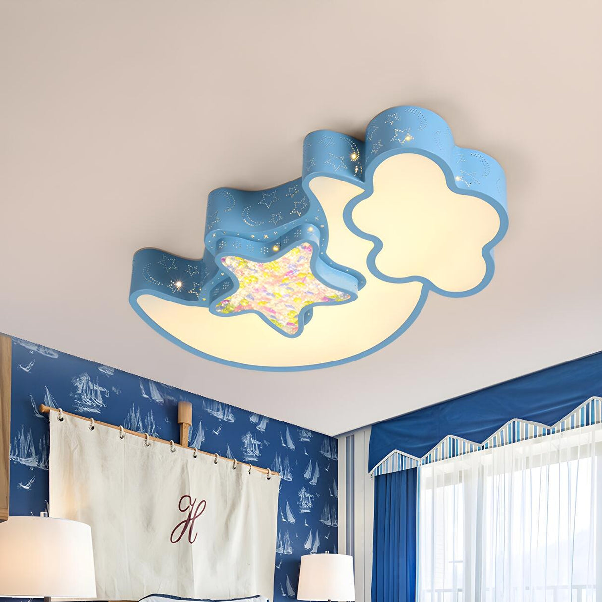 Child Room Pink Moon Star Cloud LED Flush Mount Light Image - 9