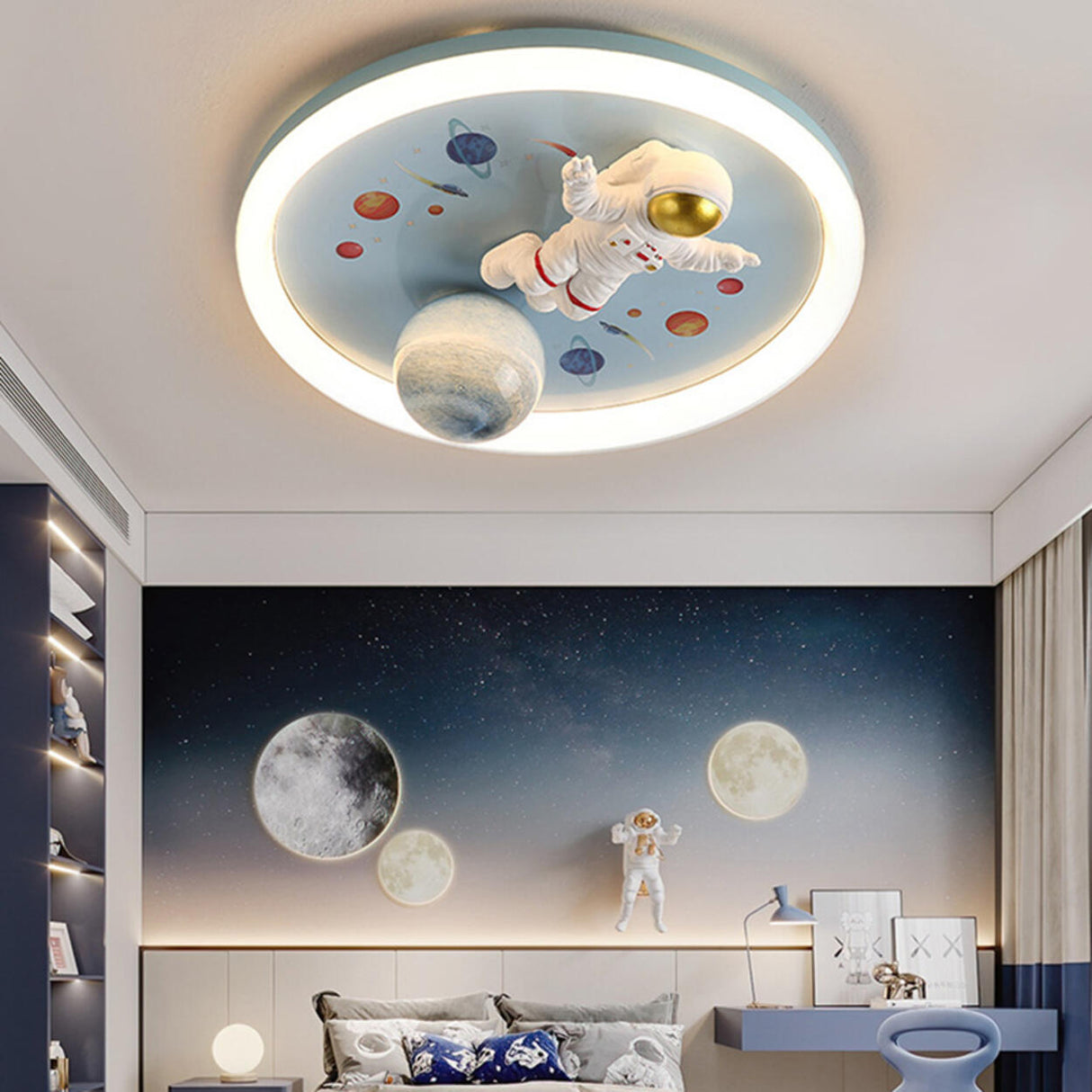 Child Room Space Astronaut Round LED Flush Mount Light Image - 1