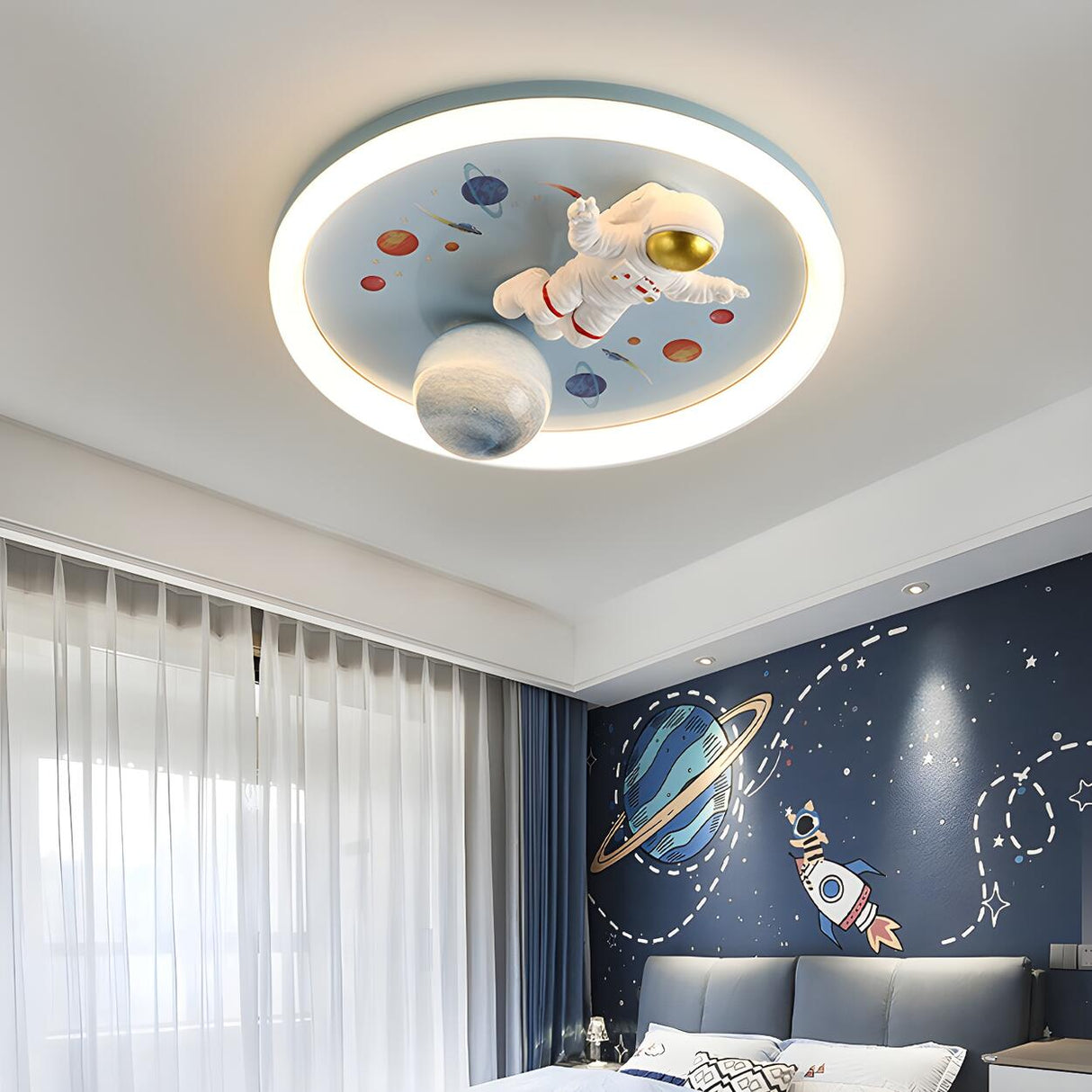 Child Room Space Astronaut Round LED Flush Mount Light Image - 7