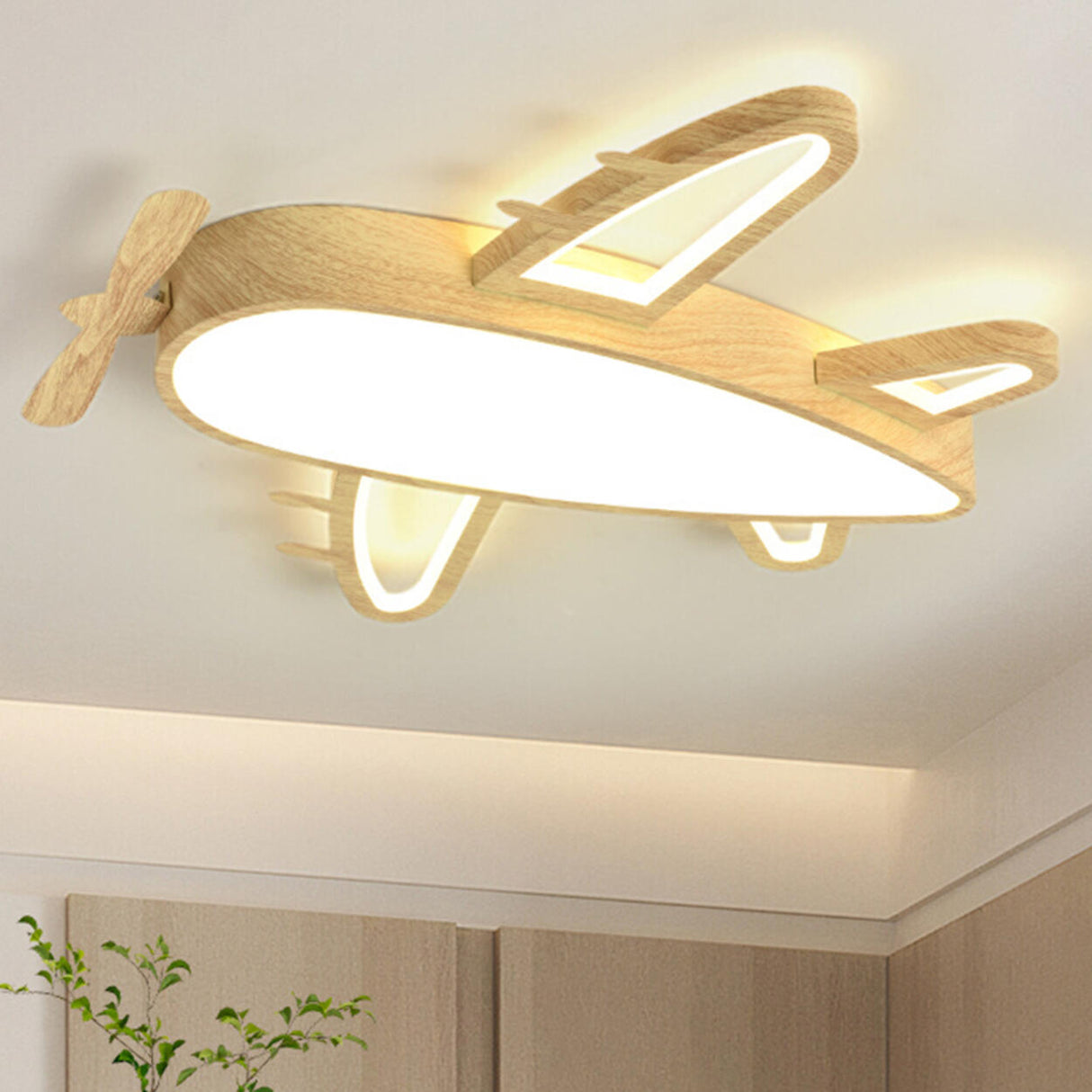 Child Room Wood Airplane LED Flush Mount Ceiling Light Image - 1