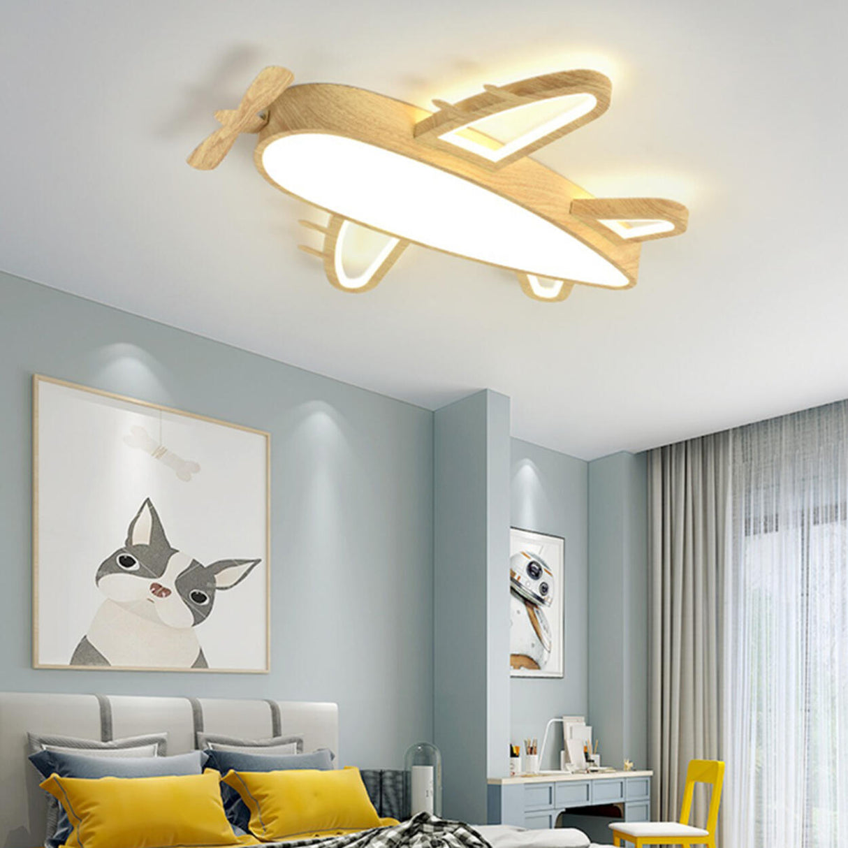 Child Room Wood Airplane LED Flush Mount Ceiling Light Image - 14