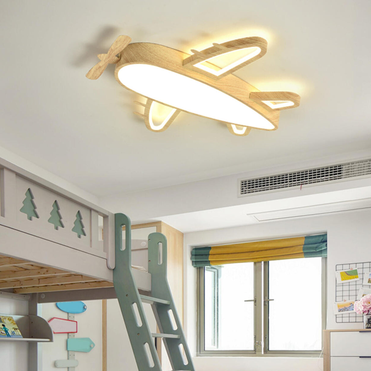 Child Room Wood Airplane LED Flush Mount Ceiling Light Image - 6