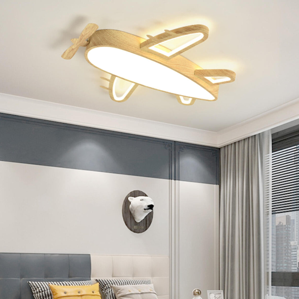 Child Room Wood Airplane LED Flush Mount Ceiling Light Image - 7