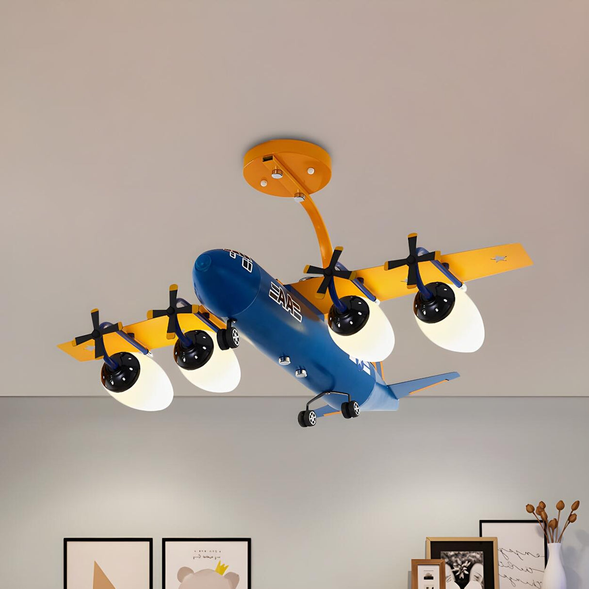 Child Room Yellow Blue Airplane Semi-Flush Mount Light Image - 5