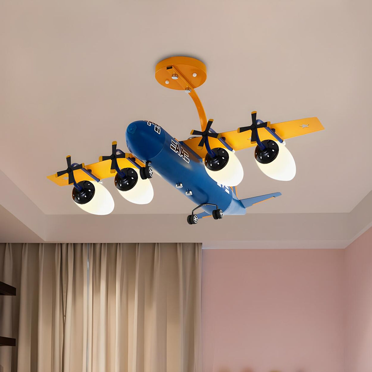 Child Room Yellow Blue Airplane Semi-Flush Mount Light Image - 6