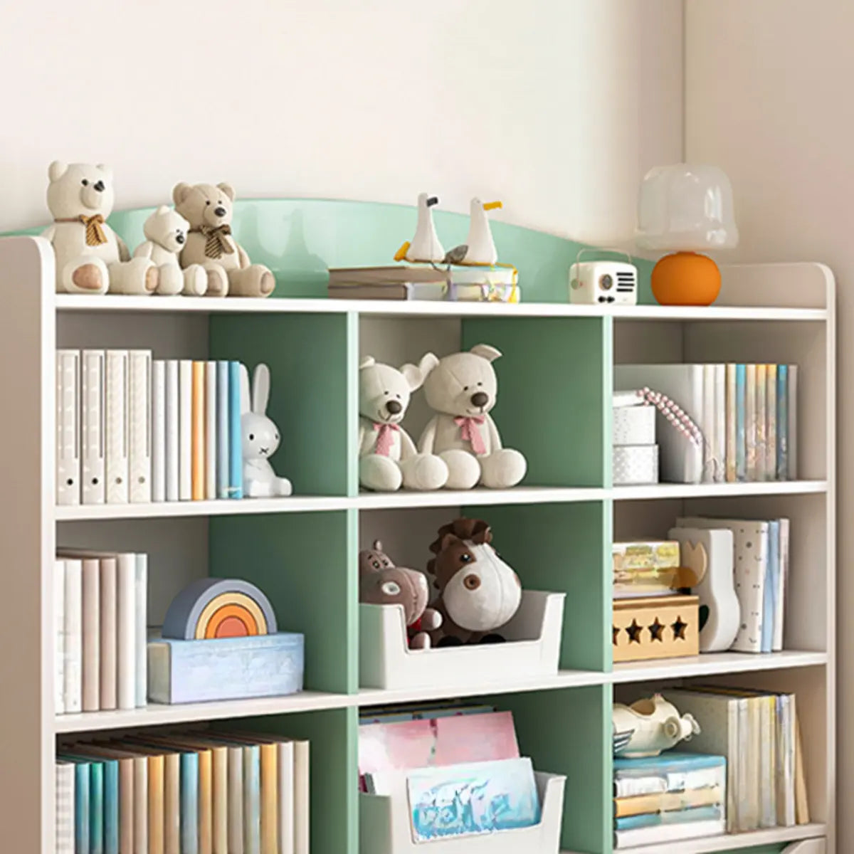 Children's Pastel Closed Wood Drawers Wide Bookshelves Image - 10