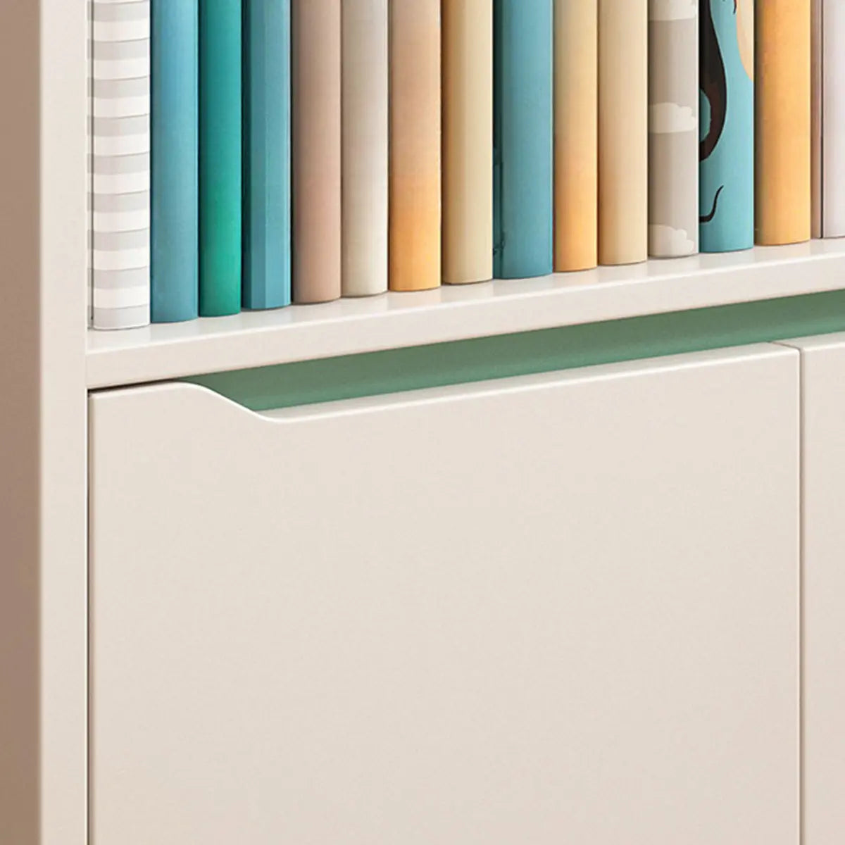 Children's Pastel Closed Wood Drawers Wide Bookshelves Image - 11