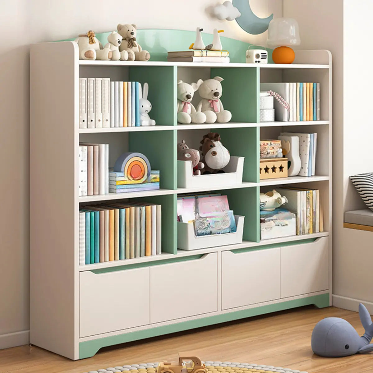 Children's Pastel Closed Wood Drawers Wide Bookshelves Image - 13