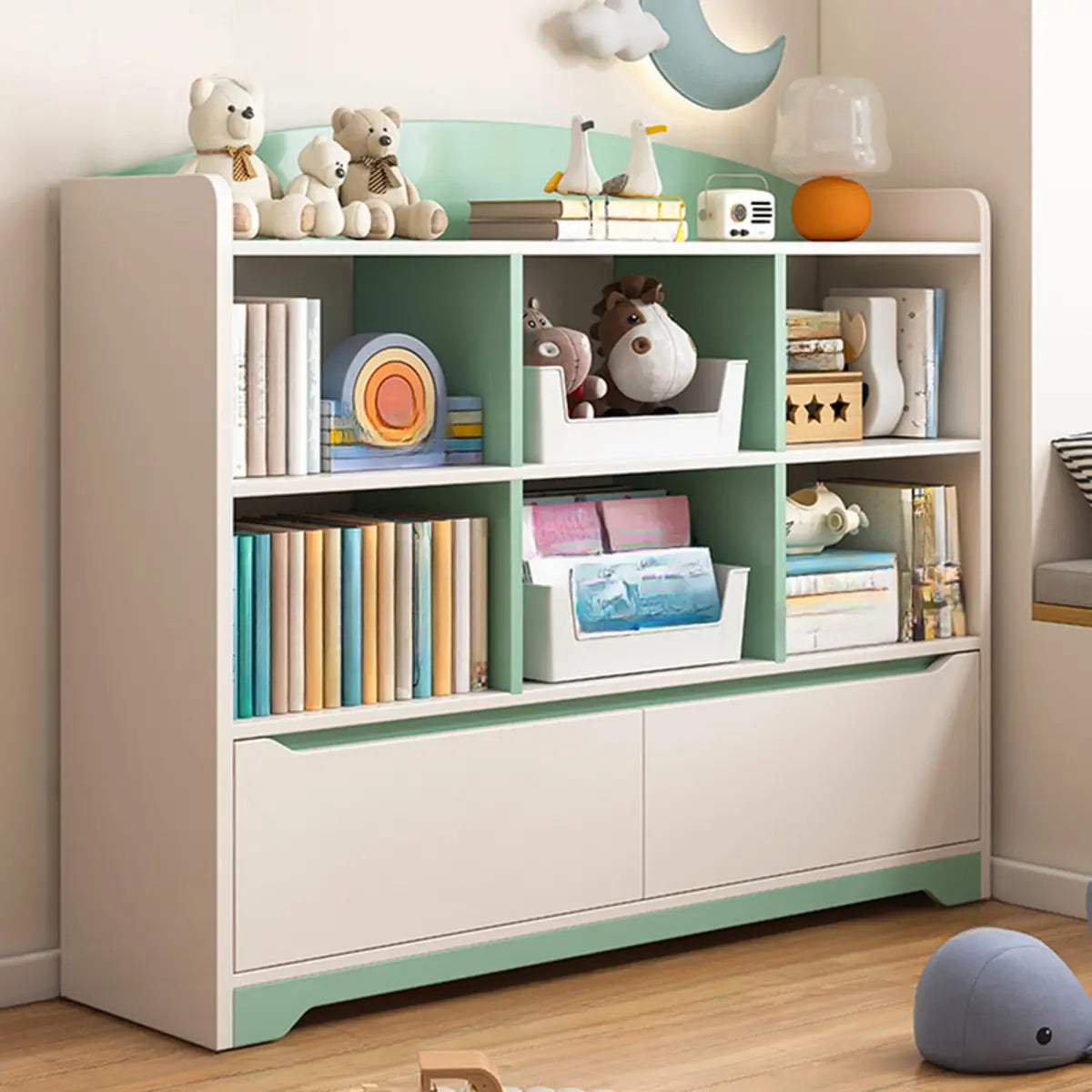 Children's Pastel Closed Wood Drawers Wide Bookshelves Image - 14