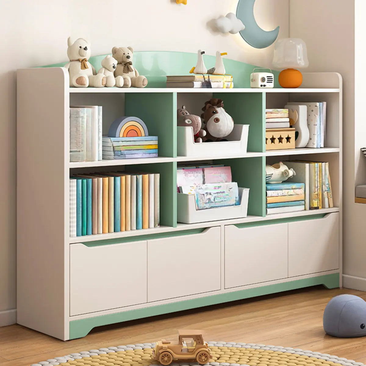 Children's Pastel Closed Wood Drawers Wide Bookshelves Image - 16