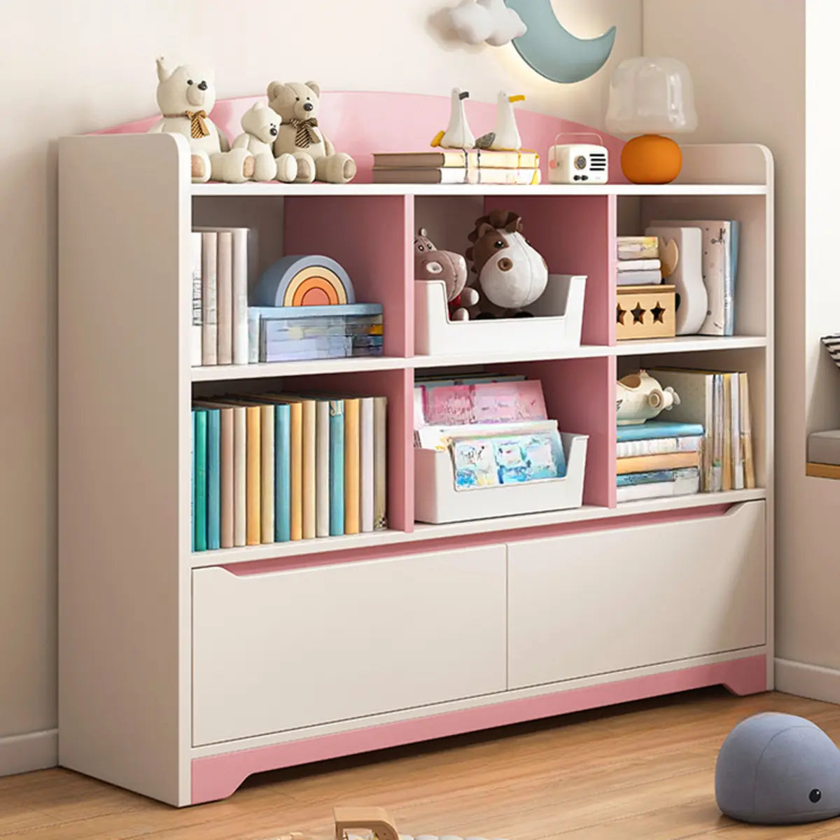 Children's Pastel Closed Wood Drawers Wide Bookshelves Image - 17