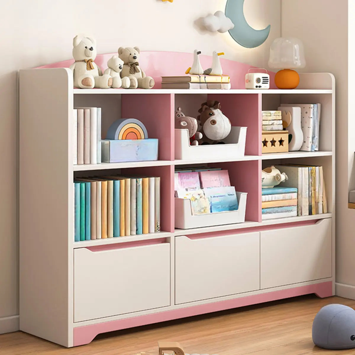 Children's Pastel Closed Wood Drawers Wide Bookshelves Image - 18