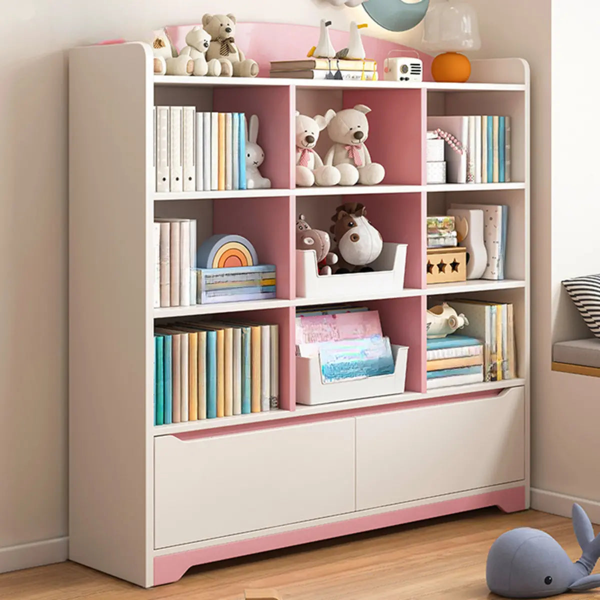 Children's Pastel Closed Wood Drawers Wide Bookshelves Image - 2