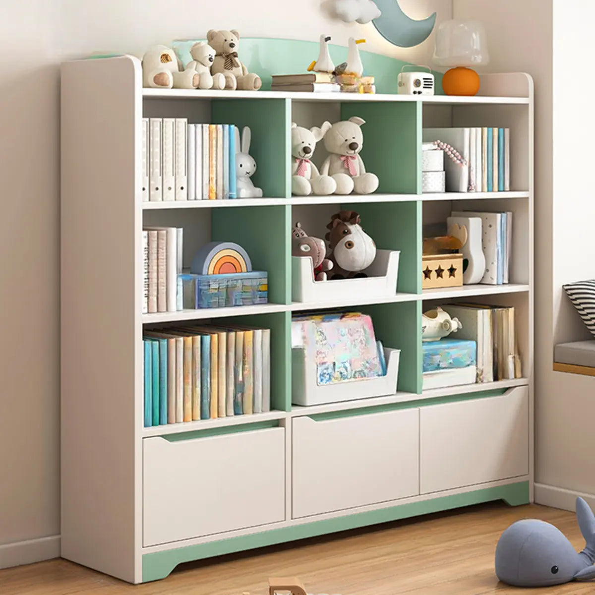 Children's Pastel Closed Wood Drawers Wide Bookshelves Image - 21