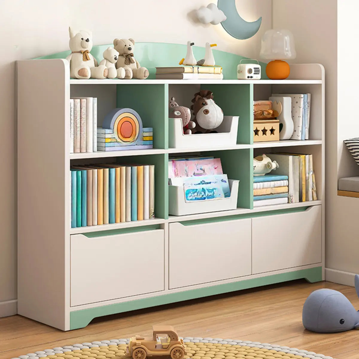 Children's Pastel Closed Wood Drawers Wide Bookshelves Image - 5