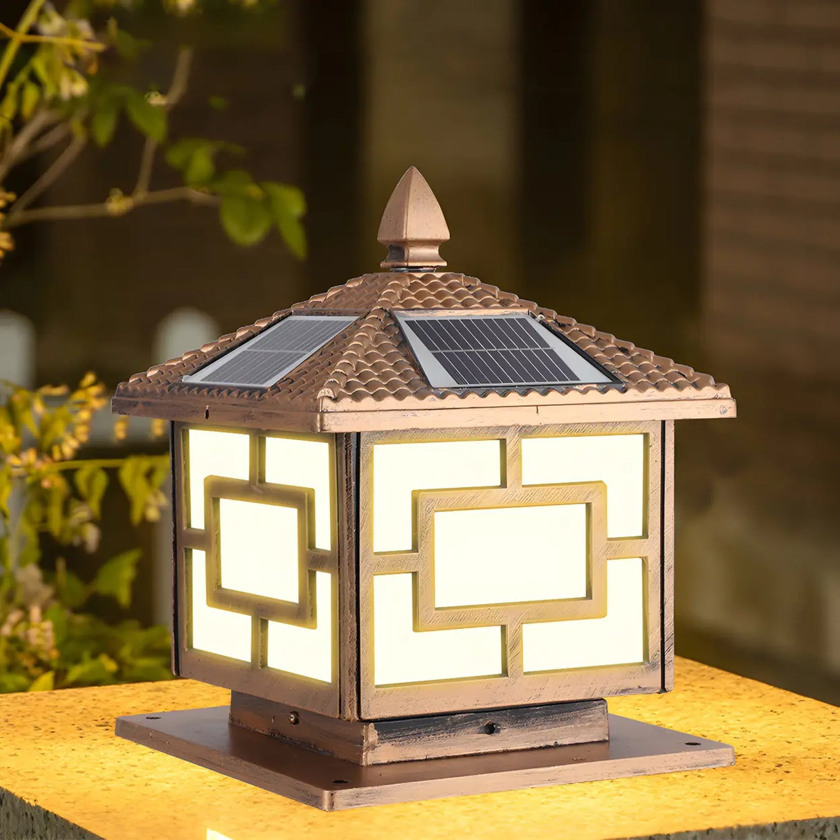 Chinese Style Solar Bronze Square Outdoor Table Lamp Image - 1