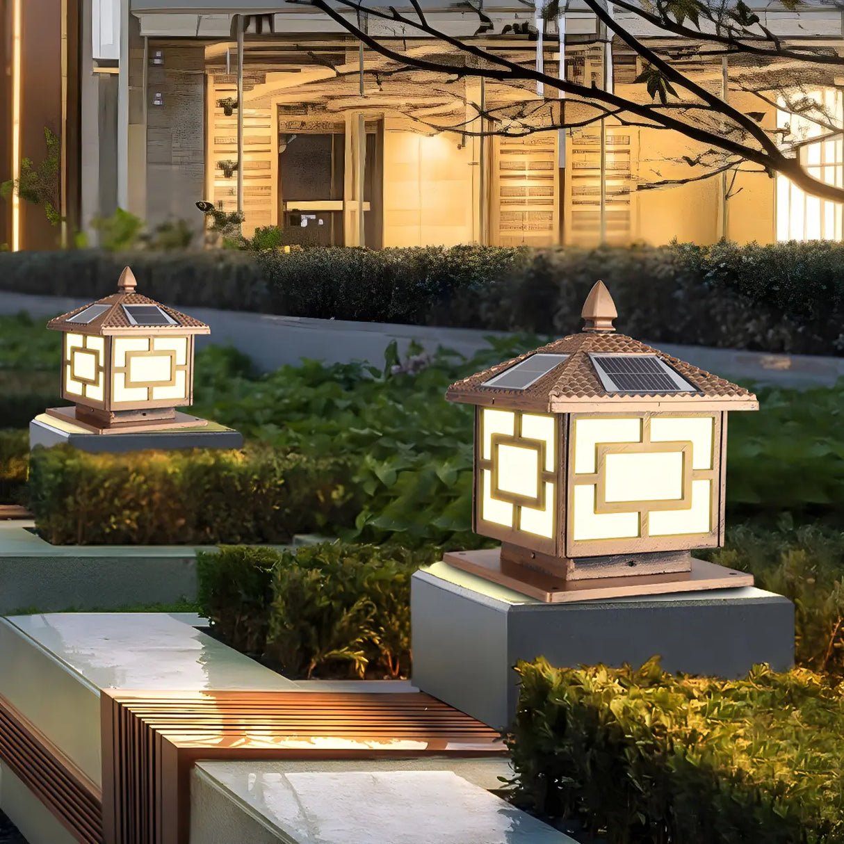 Chinese Style Solar Bronze Square Outdoor Table Lamp Image - 14