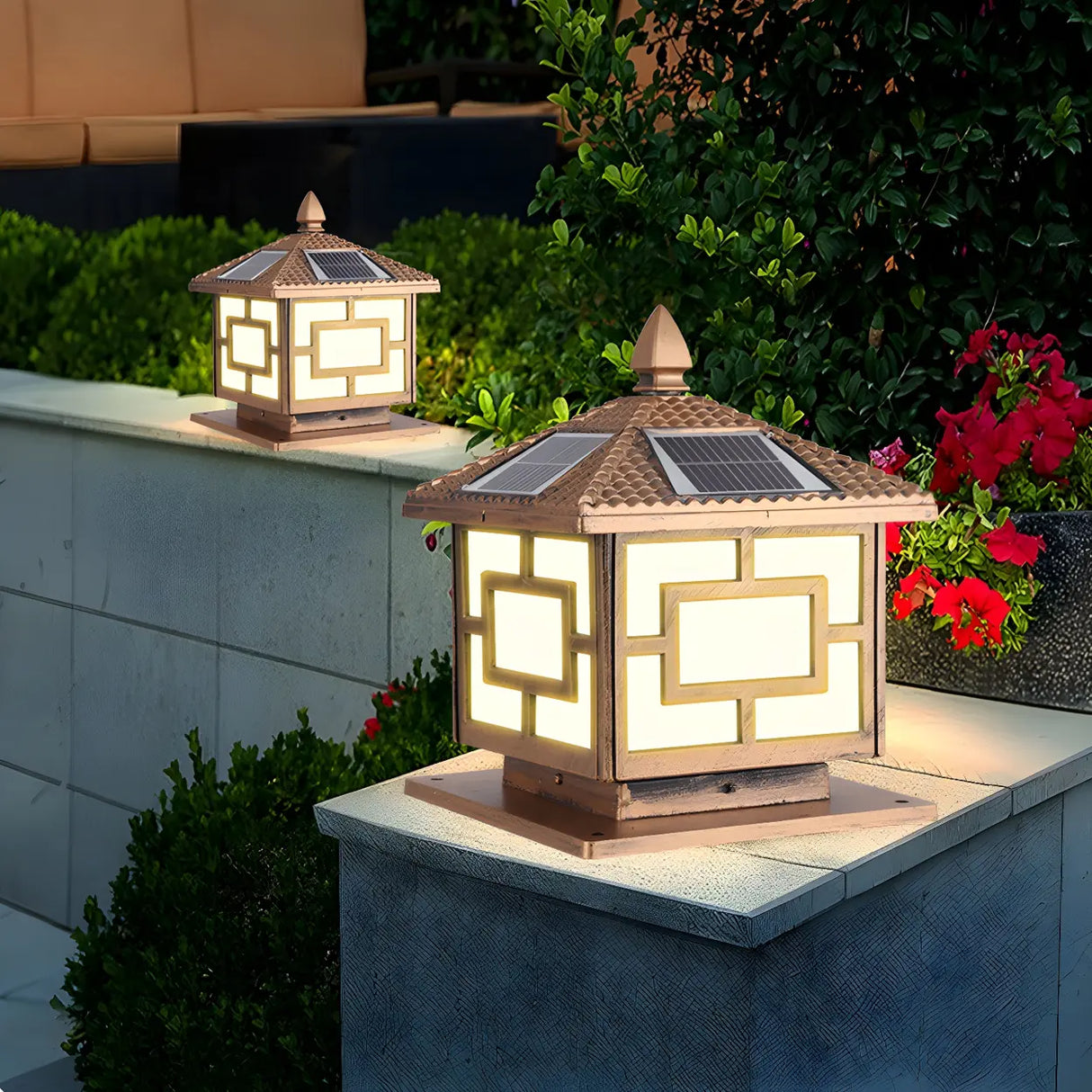 Chinese Style Solar Bronze Square Outdoor Table Lamp Image - 15