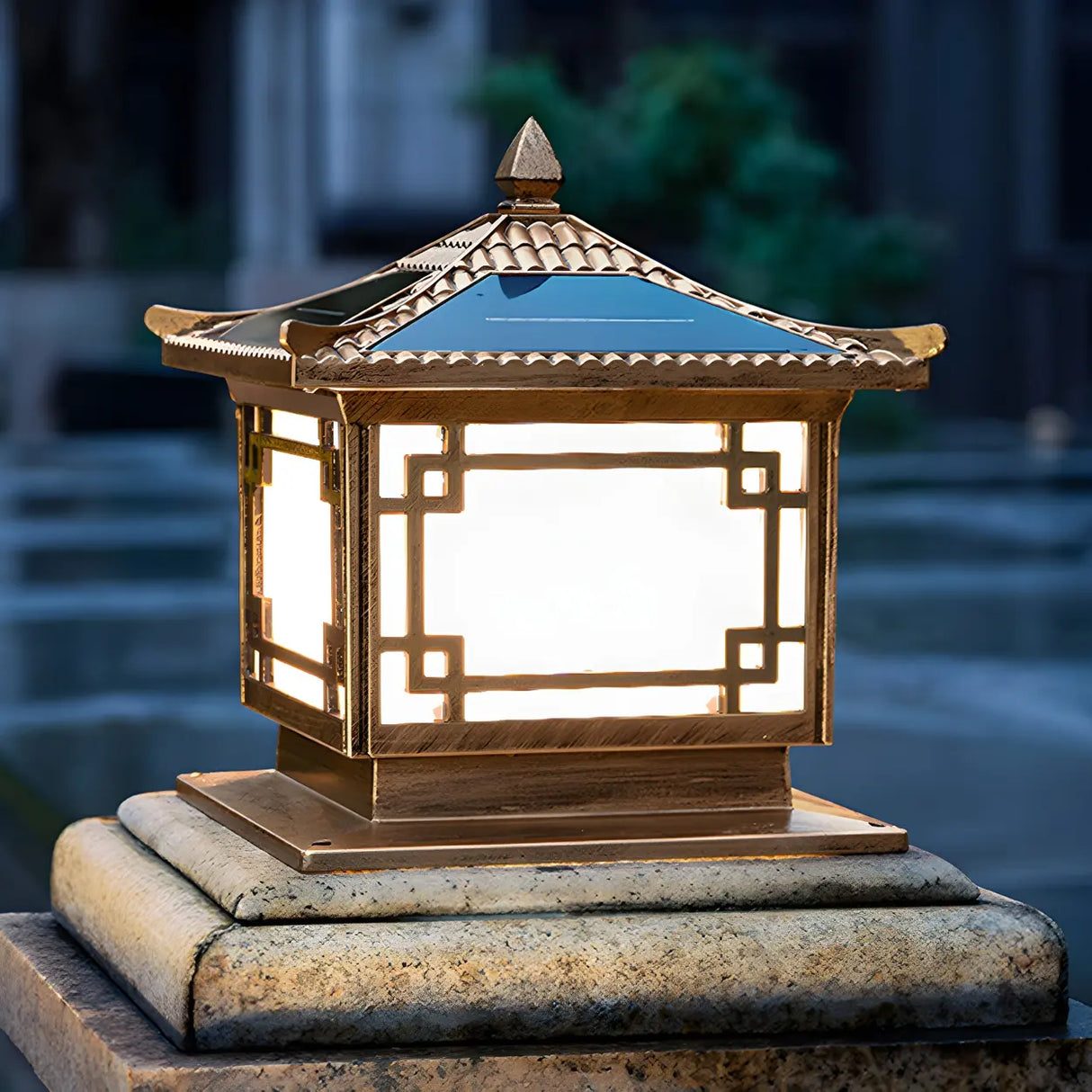 Chinese Style Square Metal Outdoor Lantern Lamp Bronze Image - 1