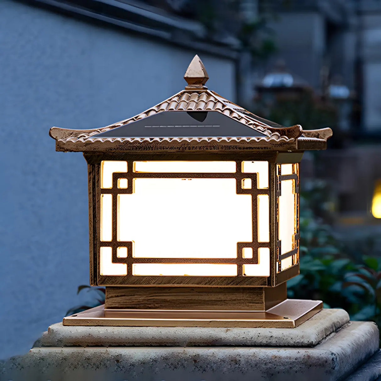 Chinese Style Square Metal Outdoor Lantern Lamp Bronze Image - 3