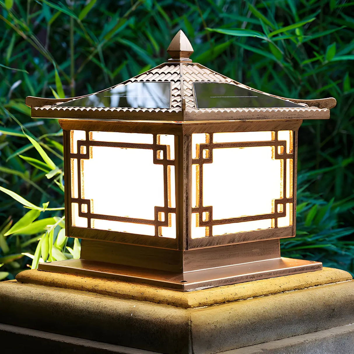 Chinese Style Square Metal Outdoor Lantern Lamp Bronze Image - 4