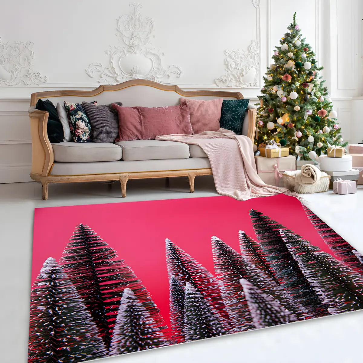 Christmas Santa Print Polyester Red Anti-Slip Area Rug Image - 4