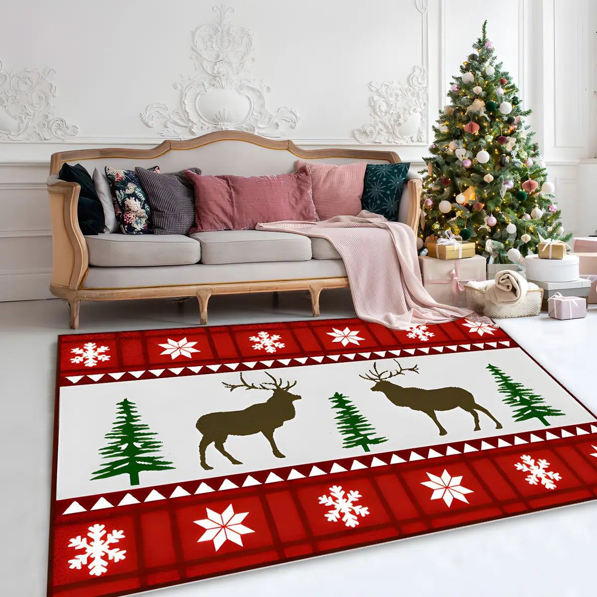 Christmas Santa Print Polyester Red Anti-Slip Area Rug Image - 5