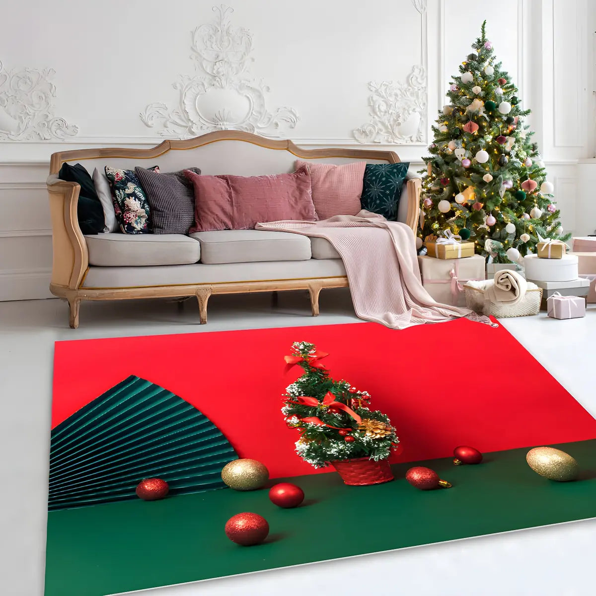 Christmas Santa Print Polyester Red Anti-Slip Area Rug Image - 9