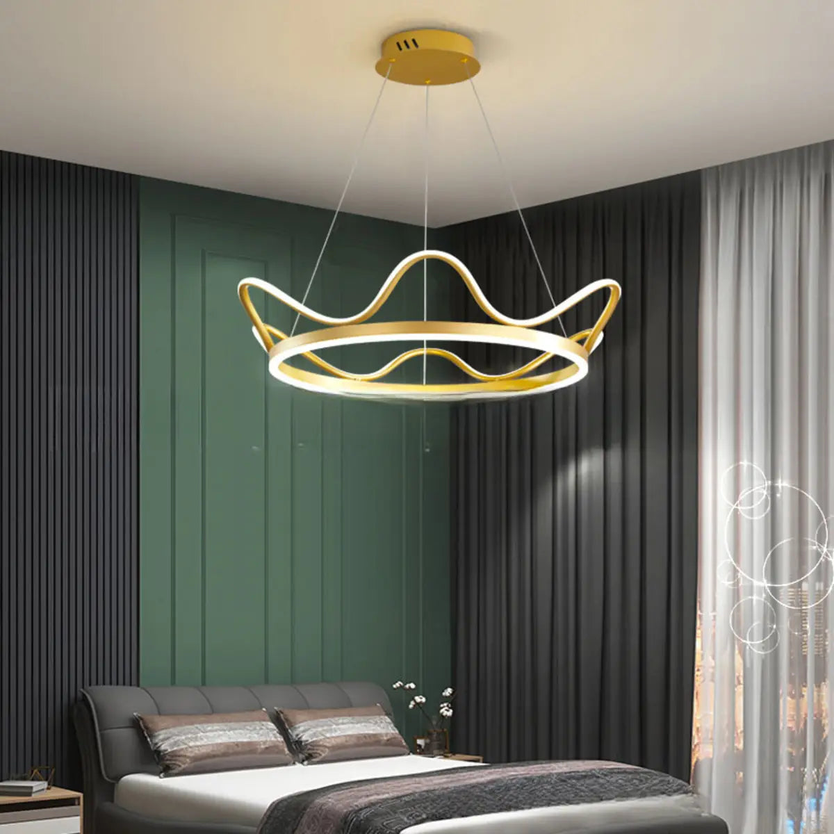 Circle Crown Metal Gold Acrylic LED Bedroom Chandelier Image - 2