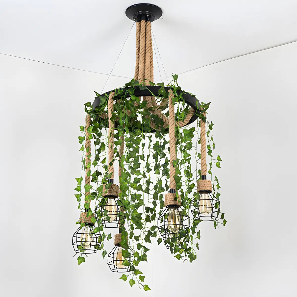 Circle Rope Cage Restaurant Black Edison Bulb Chandelier Image - 12