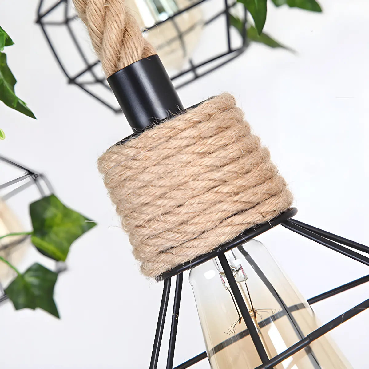 Circle Rope Cage Restaurant Black Edison Bulb Chandelier Image - 14