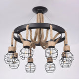 Circle Rope Metal Beige Cage Edison Bulb Chandelier Image - 12