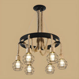 Circle Rope Metal Beige Cage Edison Bulb Chandelier Image - 2