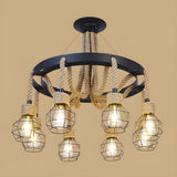 Circle Rope Metal Beige Cage Edison Bulb Chandelier Image - 3