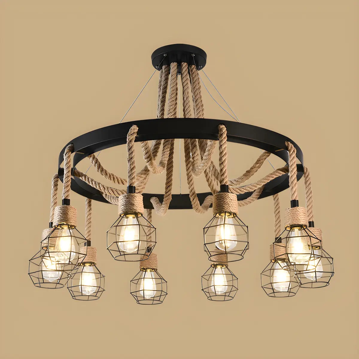 Circle Rope Metal Beige Cage Edison Bulb Chandelier Image - 5