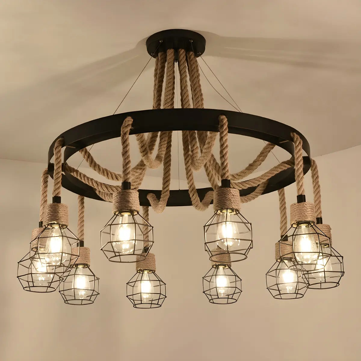 Circle Rope Metal Beige Cage Edison Bulb Chandelier Image - 7