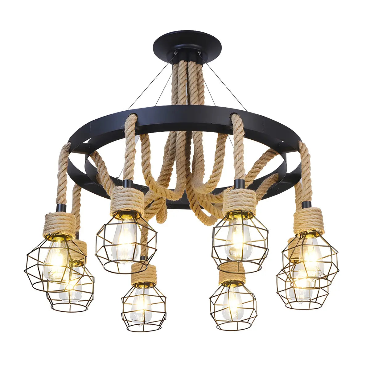 Circle Rope Metal Beige Cage Edison Bulb Chandelier Image - 8