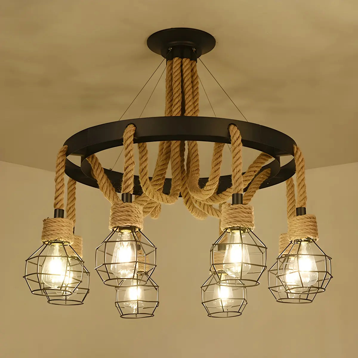 Circle Rope Metal Beige Cage Edison Bulb Chandelier Image - 9