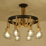 Circle Rope Metal Beige Cage Edison Bulb Chandelier Image - 9