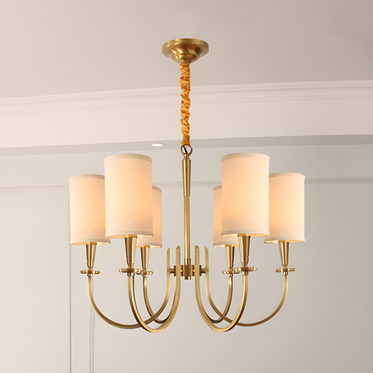 Classi Brass White Fabric Cylinder Living Room Chandelier Image - 1