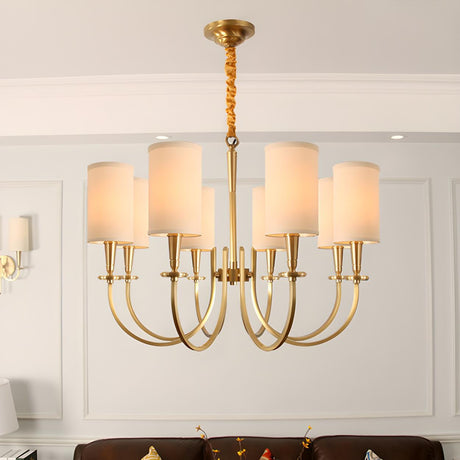 Classi Brass White Fabric Cylinder Living Room Chandelier Image - 2