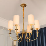 Classi Brass White Fabric Cylinder Living Room Chandelier Image - 3