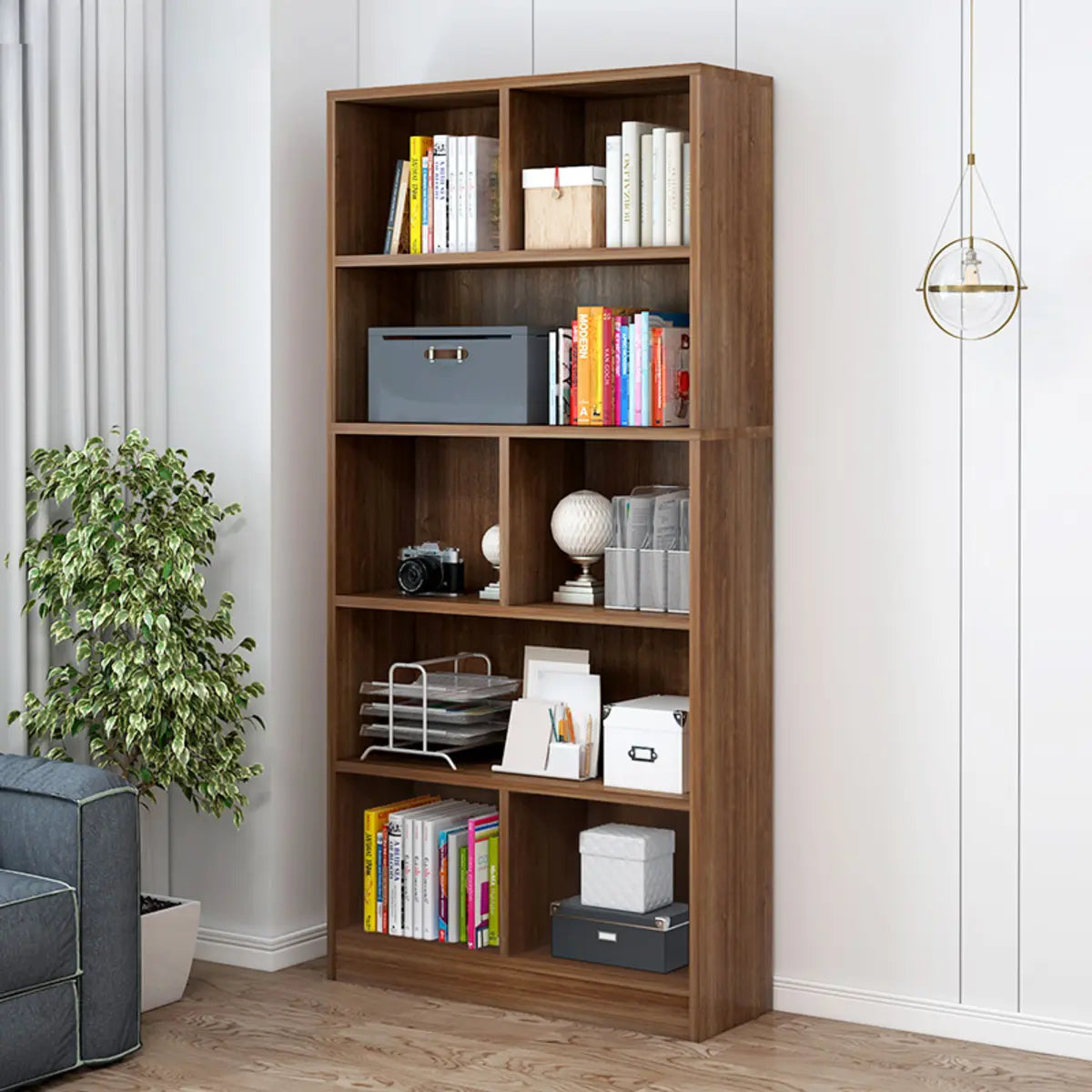 Classic 5-Shelf Oak Finish Wooden Tall Bookcase Brown Image - 1