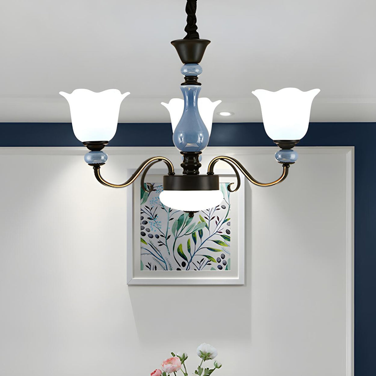 Classic Bedroom 3-Light Blue Milk Glass Floral Chandelier Image - 1